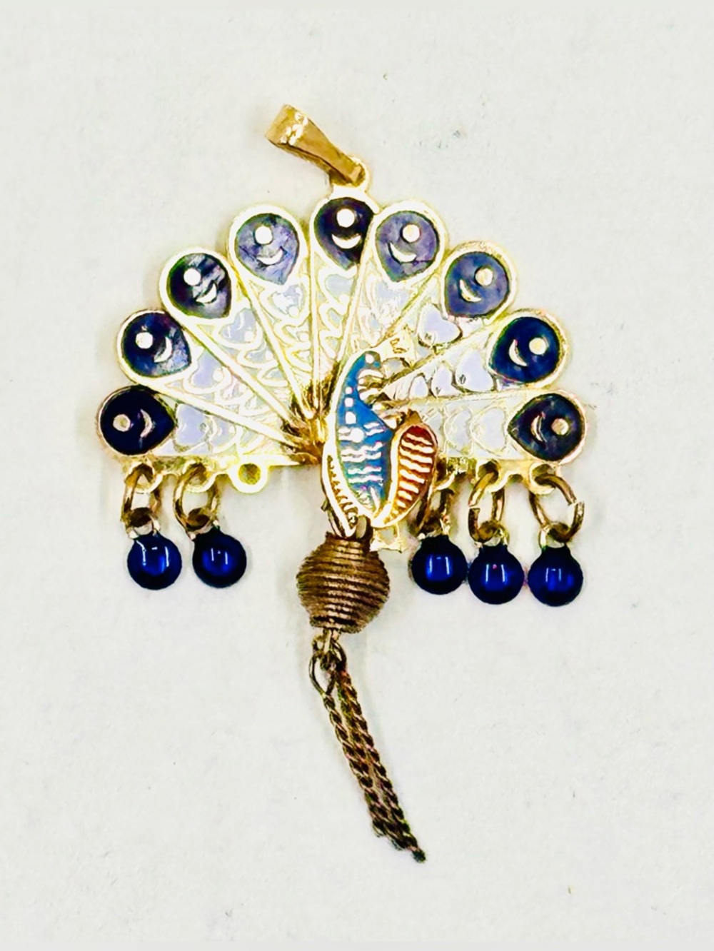Vintage Gold-Tone Cloisonné Articulated Peacock Fan Pendant W/Tassels